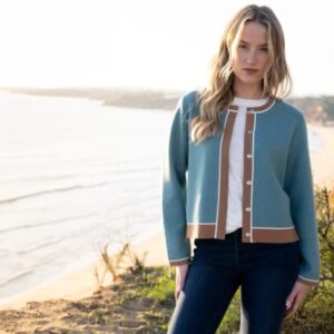 Marble 8108 Duck Egg Blue & Taupe Trim Cardigan