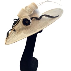 Ivory Large Disc with Black Pearl Flower & Ribbon