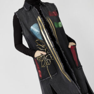 Frank Lyman 253762 Black Denim Gilet with Metallic Paint Brush Detail