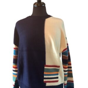 Coco Y Club Navy Knit with Striped Multi Coloured Sleeves