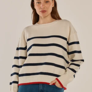 Betty Basics Navy & White Striped Jumper with Red Trim